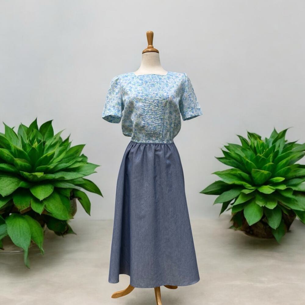 VTG Day Dress The Jones Girl Sz 12 Blue Floral Midi Pleated Feminine 50s 60s‎